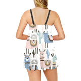 lama Alpaca cactus hand drawn pattern Chest Sexy Pleated Two Piece Swim Dress