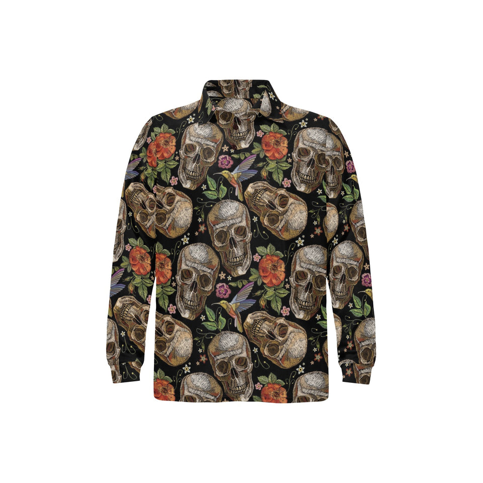 Skull rose humming bird flower pattern Men's Long Sleeve Polo Shirt