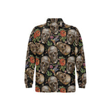 Skull rose humming bird flower pattern Men's Long Sleeve Polo Shirt