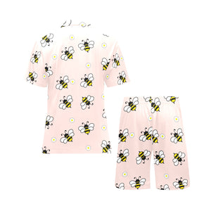 Cute bee flower pattern pink background Men's V-Neck Short Pajama Set