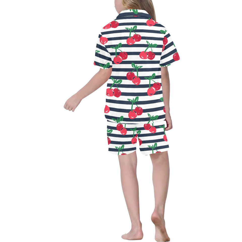 Hand drawn cherry pattern striped background Kids' Boys' Girls' V-Neck Short Pajama Set