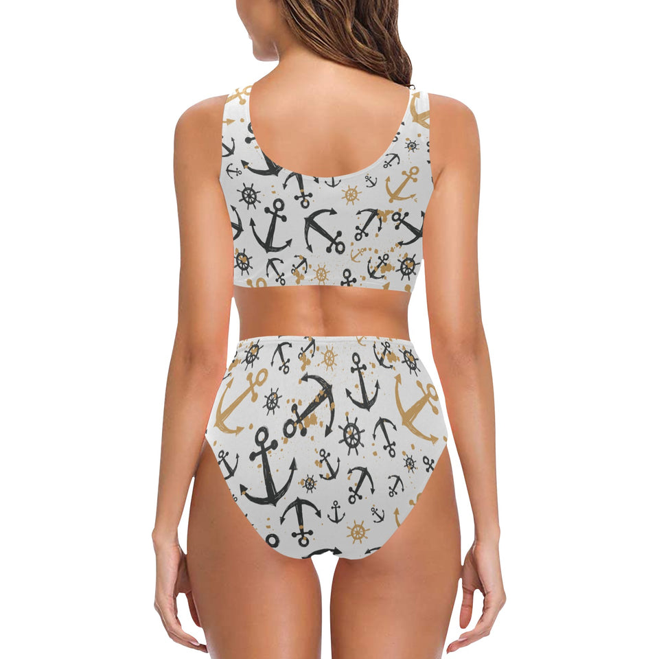 Anchors Rudders pattern Chest Bowknot High Waisted Bikini Swimsuit