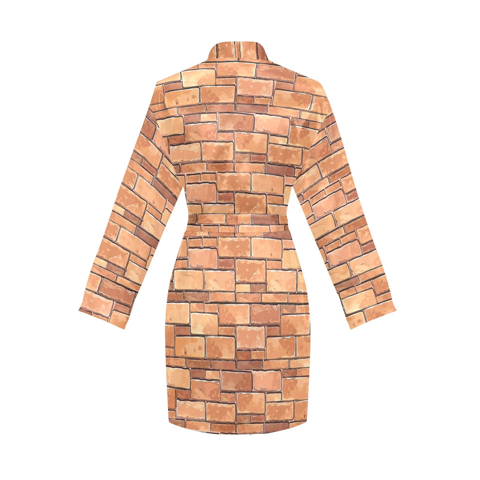 Brick Printed Pattern Print Design 04 Women's Long Sleeve Belted Night Robe