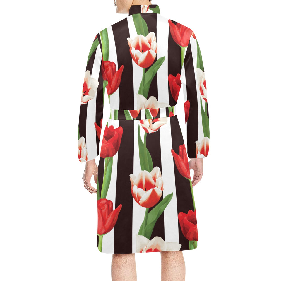 red and white tulips pattern Men's Long Sleeve Belted Night Robe