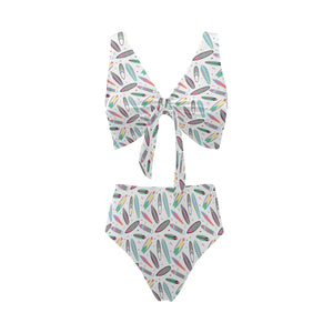 Surfboard Pattern Print Design 04 Chest Bowknot High Waisted Bikini Swimsuit