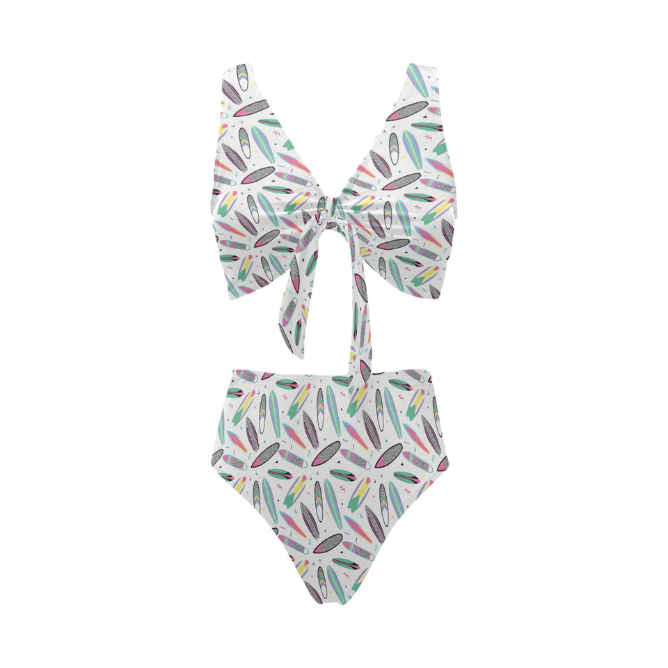 Surfboard Pattern Print Design 04 Chest Bowknot High Waisted Bikini Swimsuit