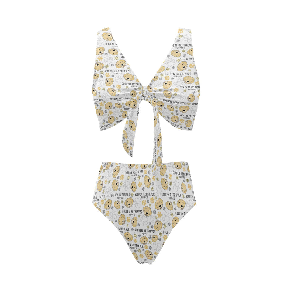 Golden Retriever Pattern Print Design 04 Chest Bowknot High Waisted Bikini Swimsuit