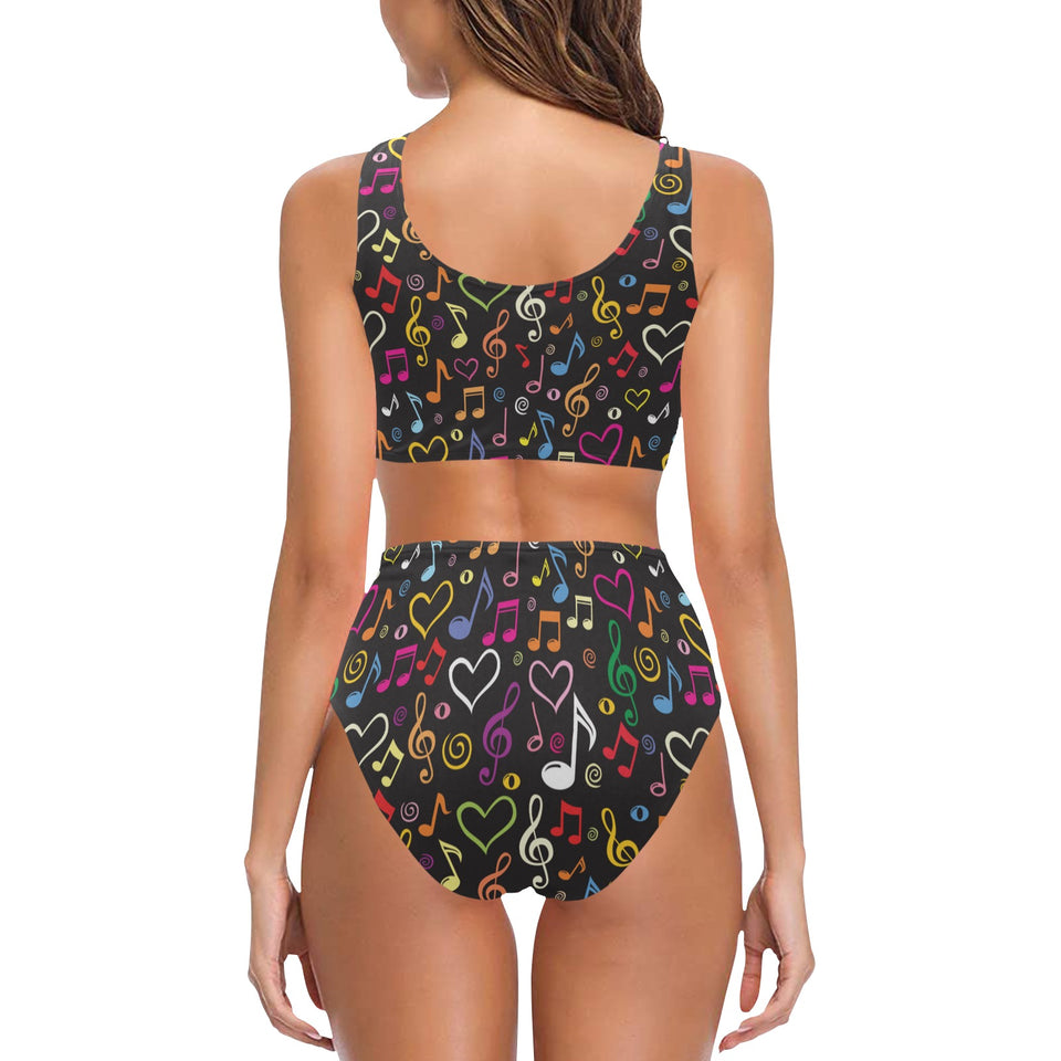 Music Notes Pattern Print Design 02 Chest Bowknot High Waisted Bikini Swimsuit