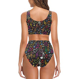 Music Notes Pattern Print Design 02 Chest Bowknot High Waisted Bikini Swimsuit