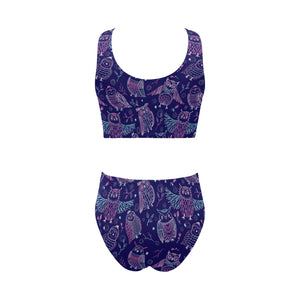 Cute owls pattern boho style ornament Chest Bowknot High Waisted Bikini Swimsuit