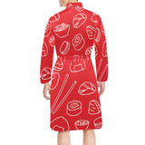 sushi pattern red background Men's Long Sleeve Belted Night Robe