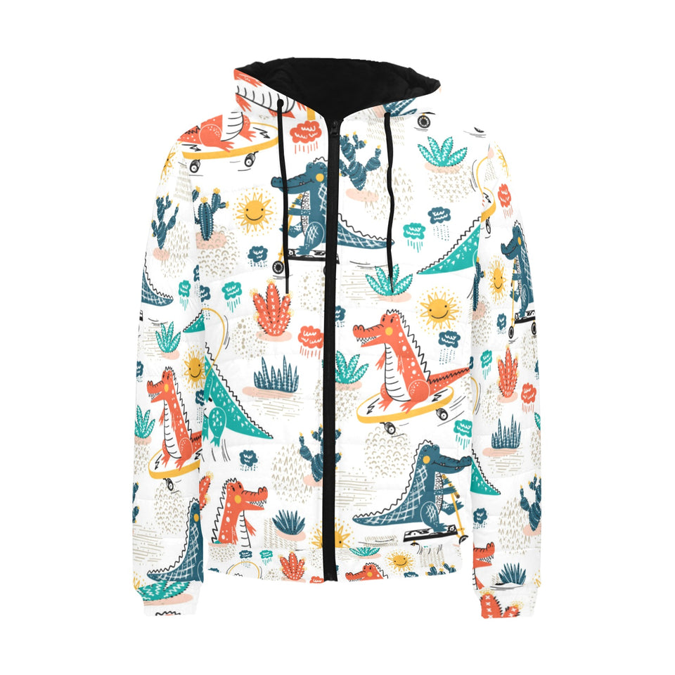 Cute Crocodile Pattern Men's Padded Hooded Jacket