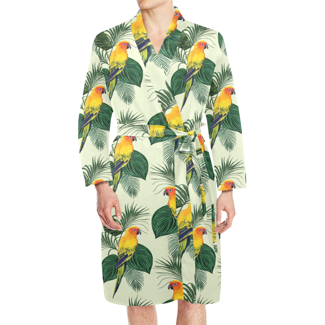 Beautiful parrot palm leaves pattern Men's Long Sleeve Belted Night Robe
