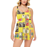 Camera Pattern Print Design 02 Chest Sexy Pleated Two Piece Swim Dress