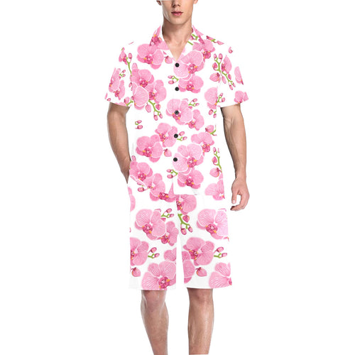 pink purple orchid pattern background Men's V-Neck Short Pajama Set