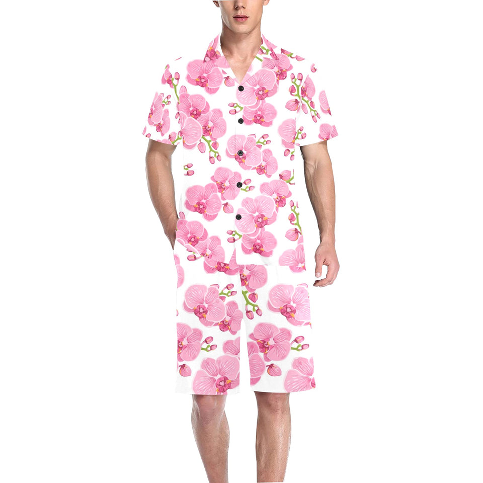 pink purple orchid pattern background Men's V-Neck Short Pajama Set