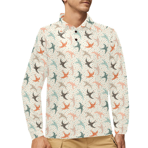 Swallow Pattern Print Design 02 Men's Long Sleeve Polo Shirt