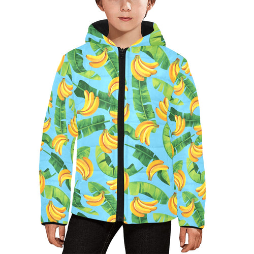 banana leaves banana design pattern Kids' Boys' Girls' Padded Hooded Jacket