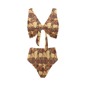 Camel polynesian tribal design pattern Chest Bowknot High Waisted Bikini Swimsuit
