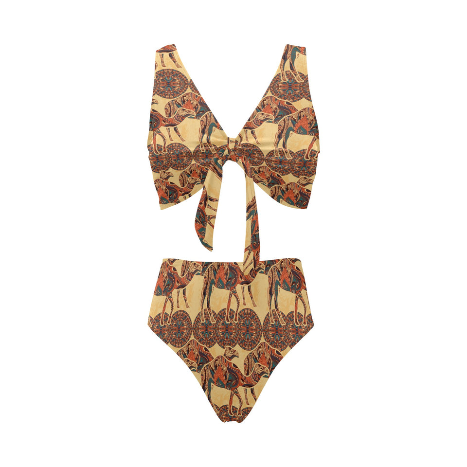 Camel polynesian tribal design pattern Chest Bowknot High Waisted Bikini Swimsuit
