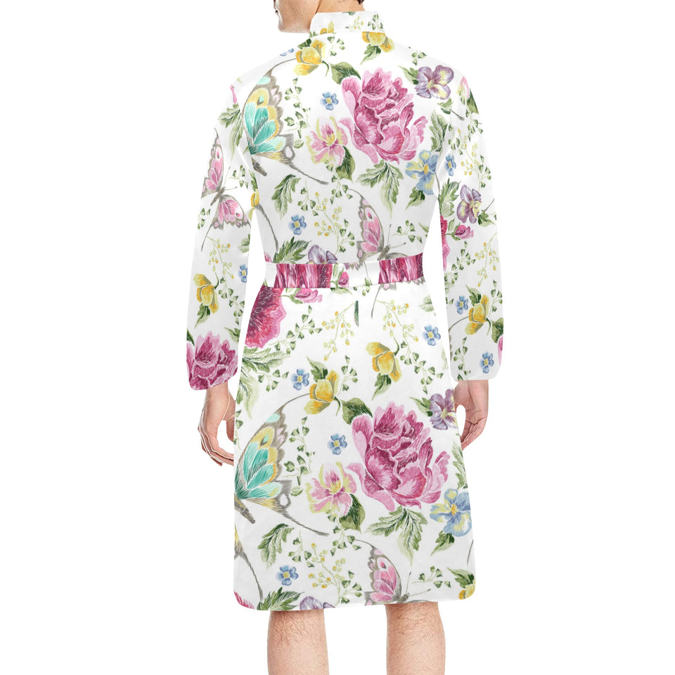 Hand drawn butterfly rose Men's Long Sleeve Belted Night Robe