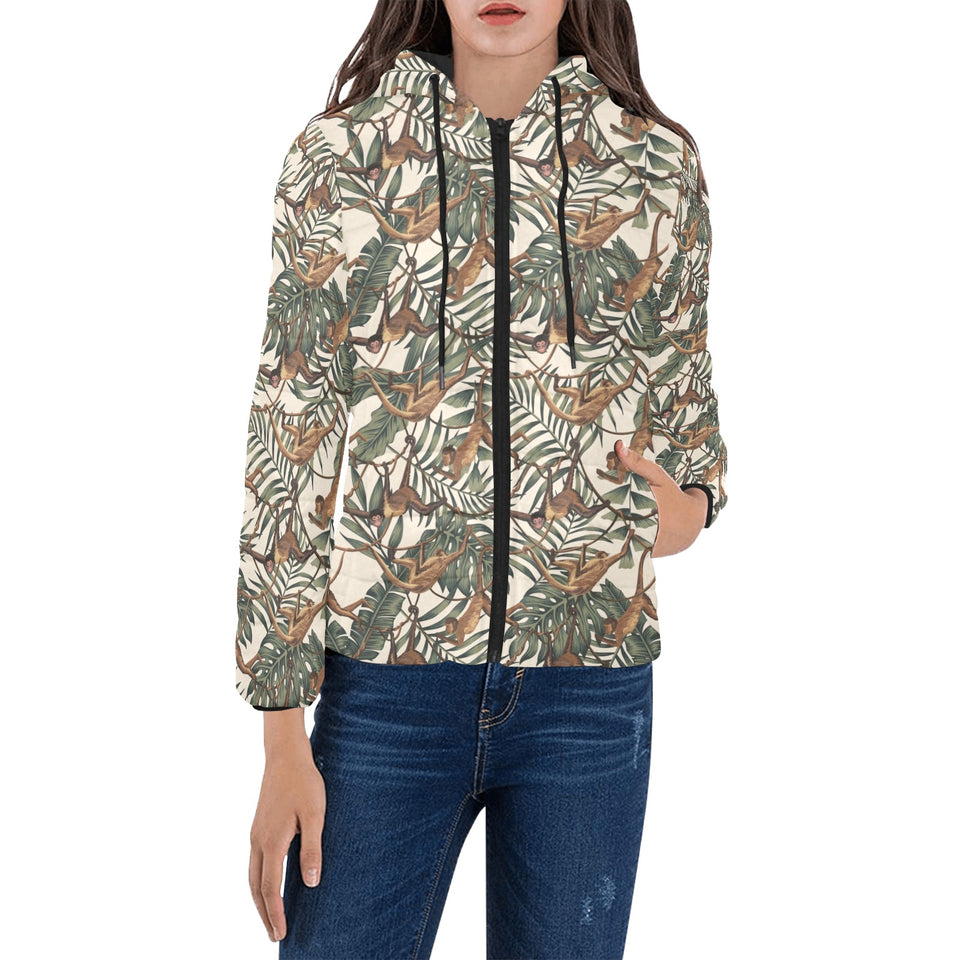 Monkey tropical leaves background Women's Padded Hooded Jacket