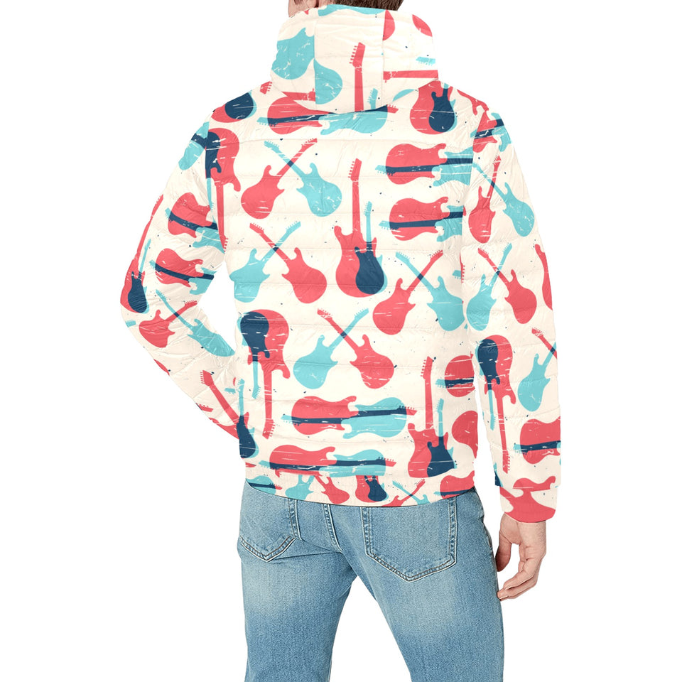 Red Blue guitar pattern Men's Padded Hooded Jacket