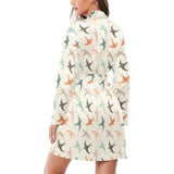 Swallow Pattern Print Design 02 Women's Long Sleeve Belted Night Robe