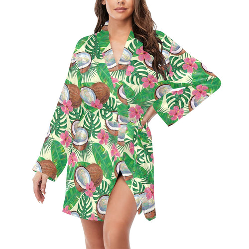 Coconut Pattern Print Design 01 Women's Long Sleeve Belted Night Robe