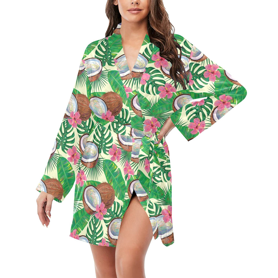 Coconut Pattern Print Design 01 Women's Long Sleeve Belted Night Robe
