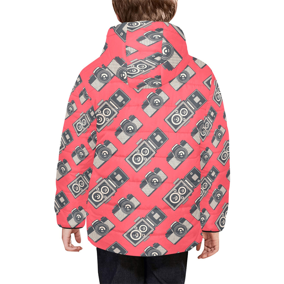 Camera Pattern Print Design 05 Kids' Boys' Girls' Padded Hooded Jacket