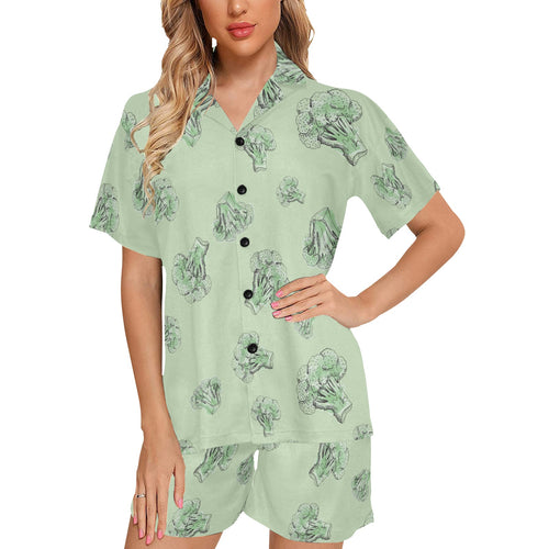 broccoli sketch pattern Women's V-Neck Short Pajama Set