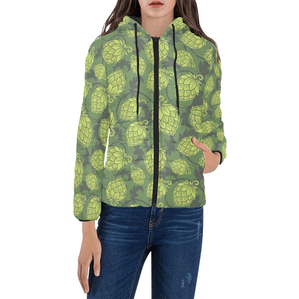 Hop pattern Hop cone background Women's Padded Hooded Jacket