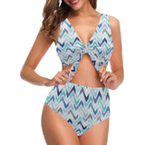 zigzag chevron blue pattern Chest Bowknot High Waisted Bikini Swimsuit
