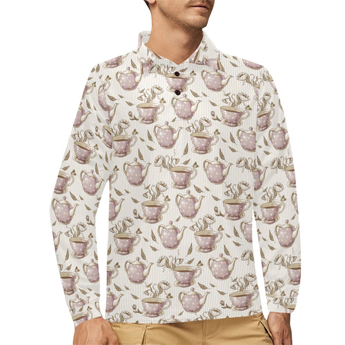 Tea pots Pattern Print Design 03 Men's Long Sleeve Polo Shirt