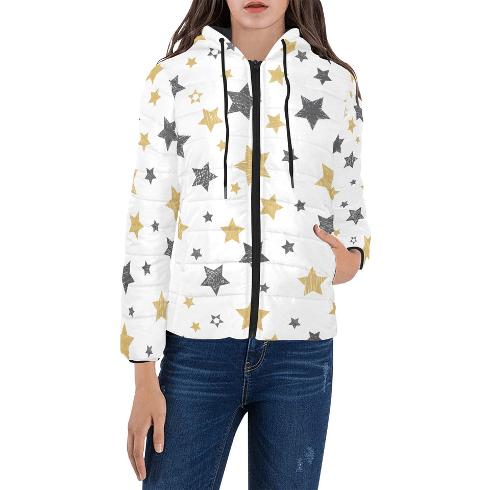 hand drawn gold black star pattern Women's Padded Hooded Jacket
