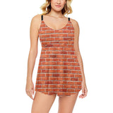 Brick Printed Pattern Print Design 03 Chest Sexy Pleated Two Piece Swim Dress