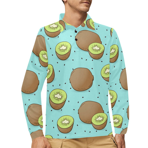 Kiwi blue background Men's Long Sleeve Polo Shirt