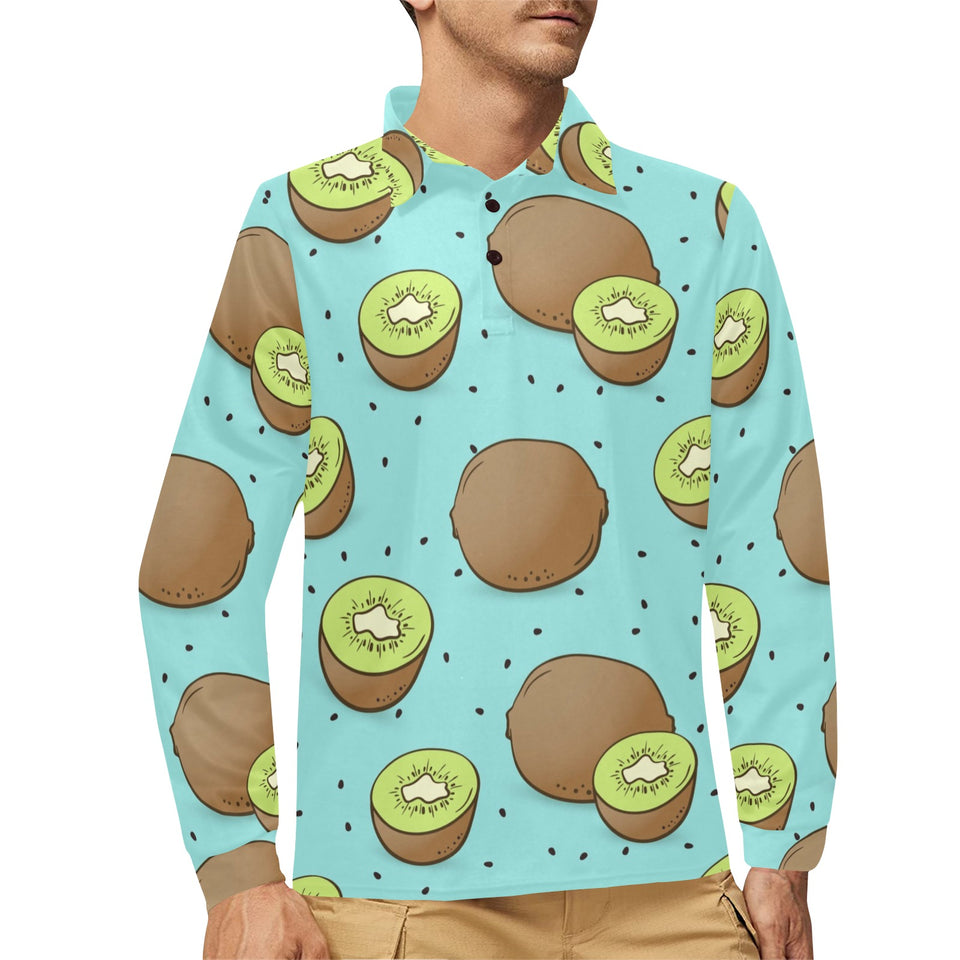 Kiwi blue background Men's Long Sleeve Polo Shirt