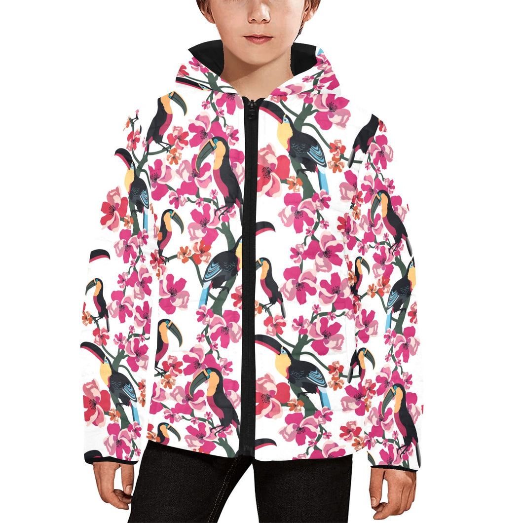 Toucan flower design pattern Kids' Boys' Girls' Padded Hooded Jacket