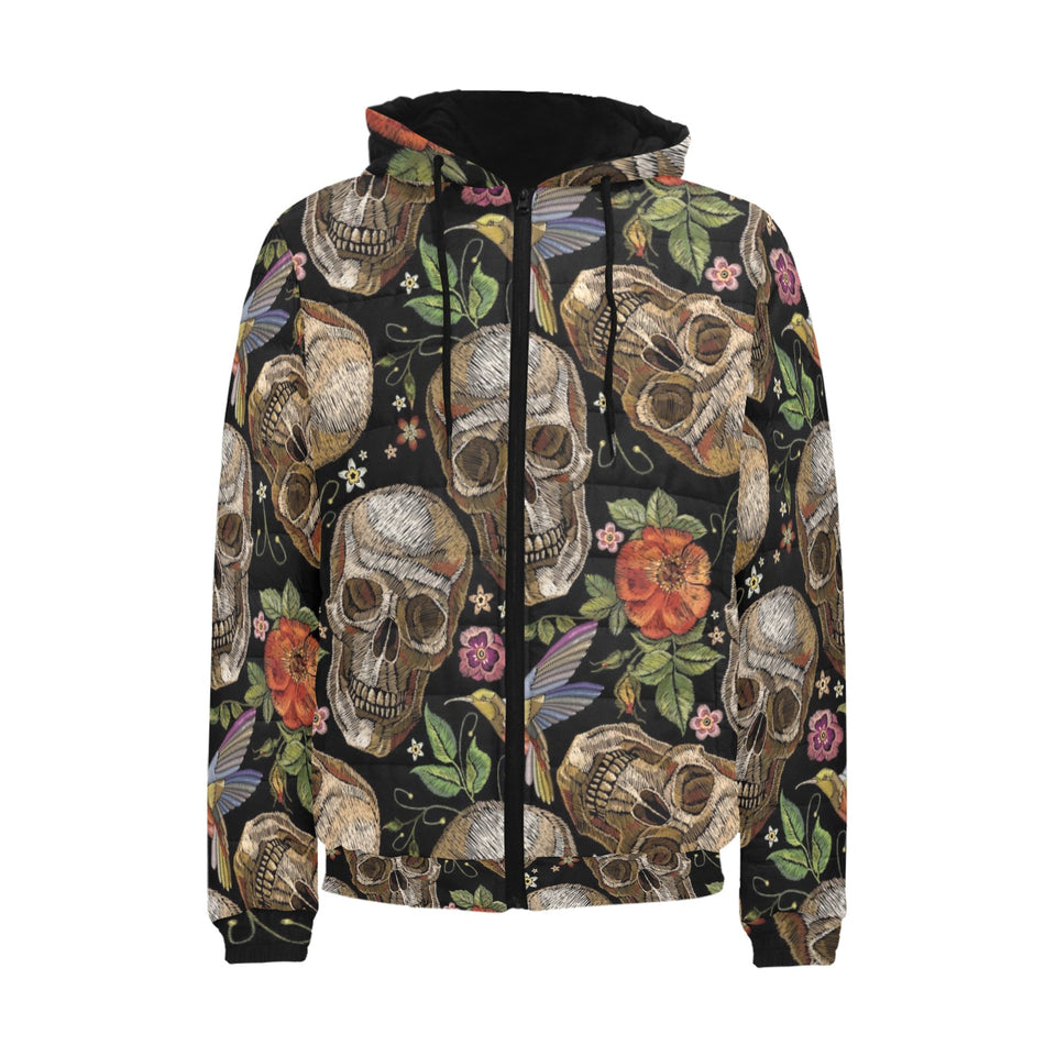 Skull rose humming bird flower pattern Men's Padded Hooded Jacket