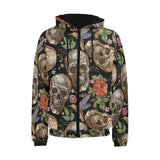 Skull rose humming bird flower pattern Men's Padded Hooded Jacket