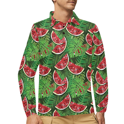 Watermelons tropical palm leaves pattern backgroun Men's Long Sleeve Polo Shirt