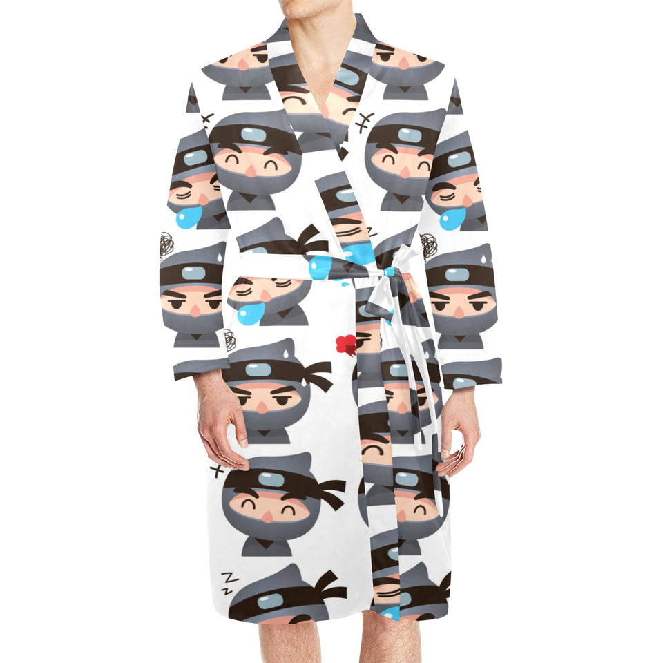 Cute ninja design pattern Men's Long Sleeve Belted Night Robe
