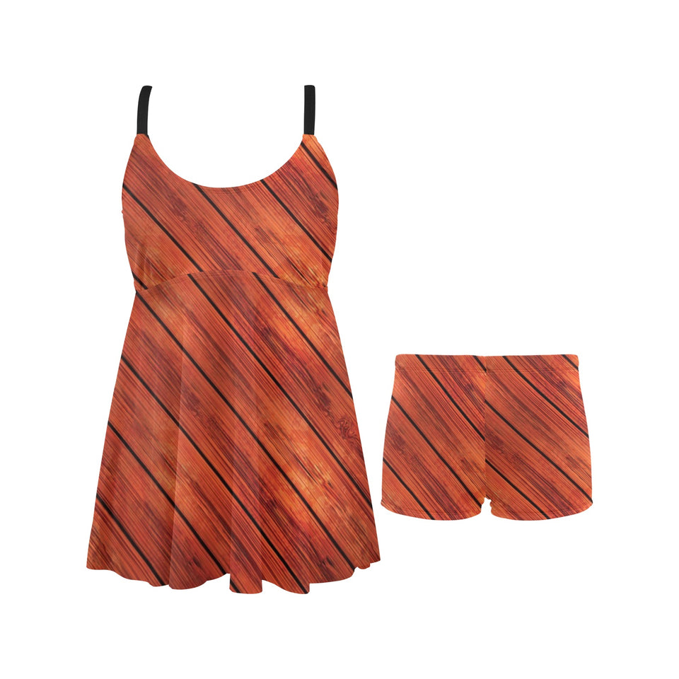 Wood Printed Pattern Print Design 03 Chest Sexy Pleated Two Piece Swim Dress