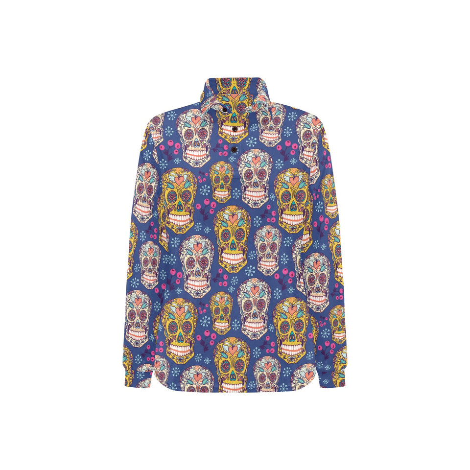 Sugar skull flower pattern Women's Long Sleeve Polo Shirt