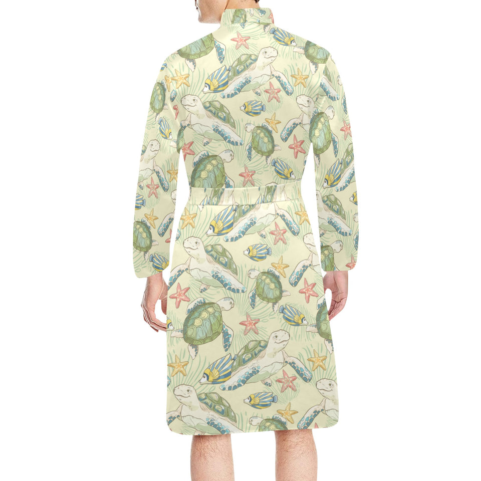 Hand drawn sea turtle fish pattern Men's Long Sleeve Belted Night Robe