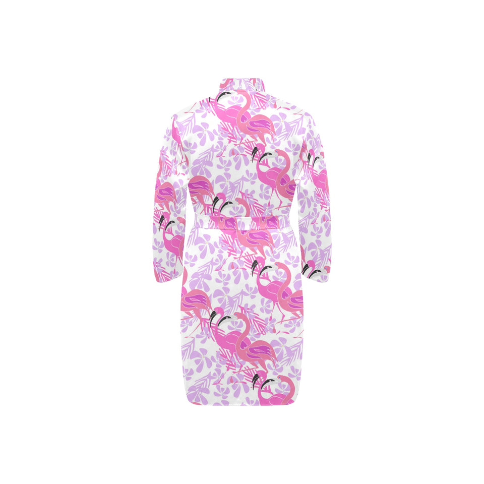 Pink flamingo flower pattern Men's Long Sleeve Belted Night Robe