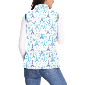 Blue Eiffel Tower Theme Pattern Print Design 01 Women's Padded Vest