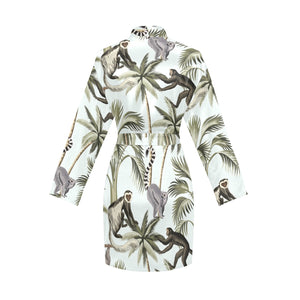 Monkey sloth lemur palm trees pattern Women's Long Sleeve Belted Night Robe